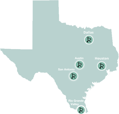 Map of our locations, which include Austin, San Antonio, and the Rio Grande Valley